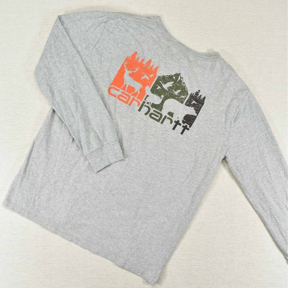 Carhartt Youth Large Gray Long Sleeve Graphic T Shirt Deer Camo Forest Graphic